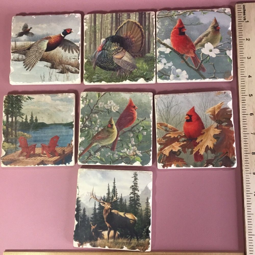 NWOT VTG Set Of 7 Tumbled Tile Cardinals,Lakeside‎ Dock,Pheasant,Turkey, Deer